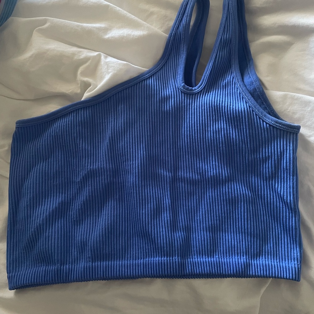 Blue Ribbed One-Shoulder Top